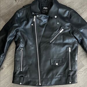 ZARA Black Biker Leather Jacket with Silver Hardware
